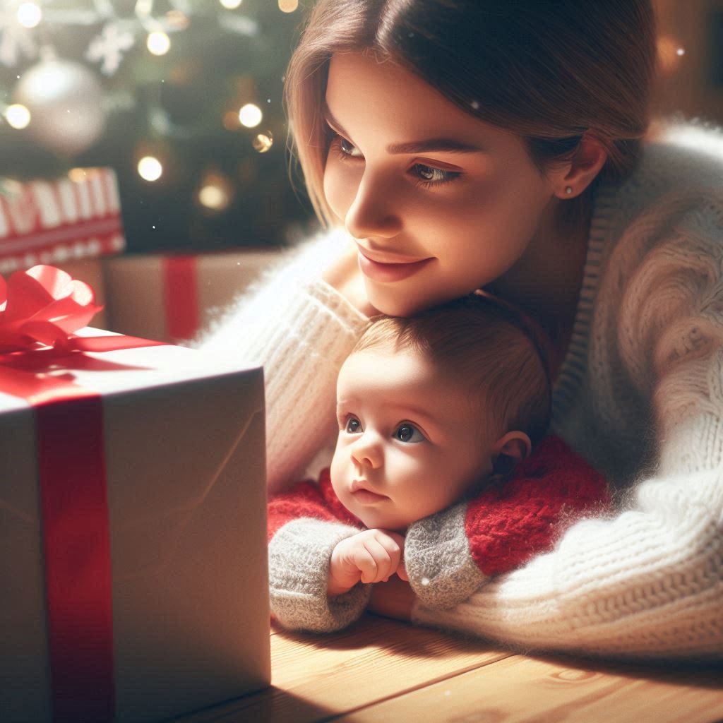 A realistic image of a mother with a newborn baby, waiting for a Christmas gift, to be used as a header for a blog post